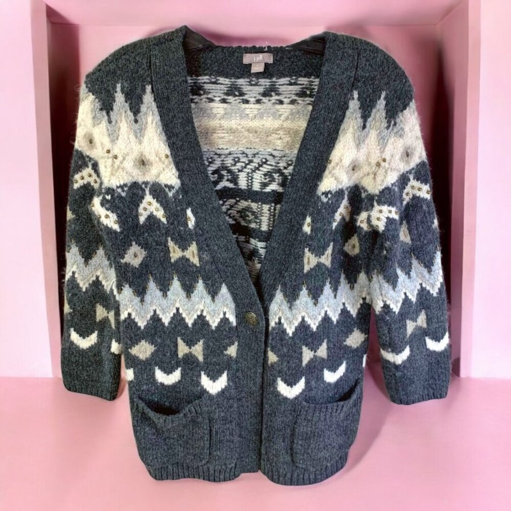 J Jill Fair Isle Embellished Wool Acrylic Blend Cardigan